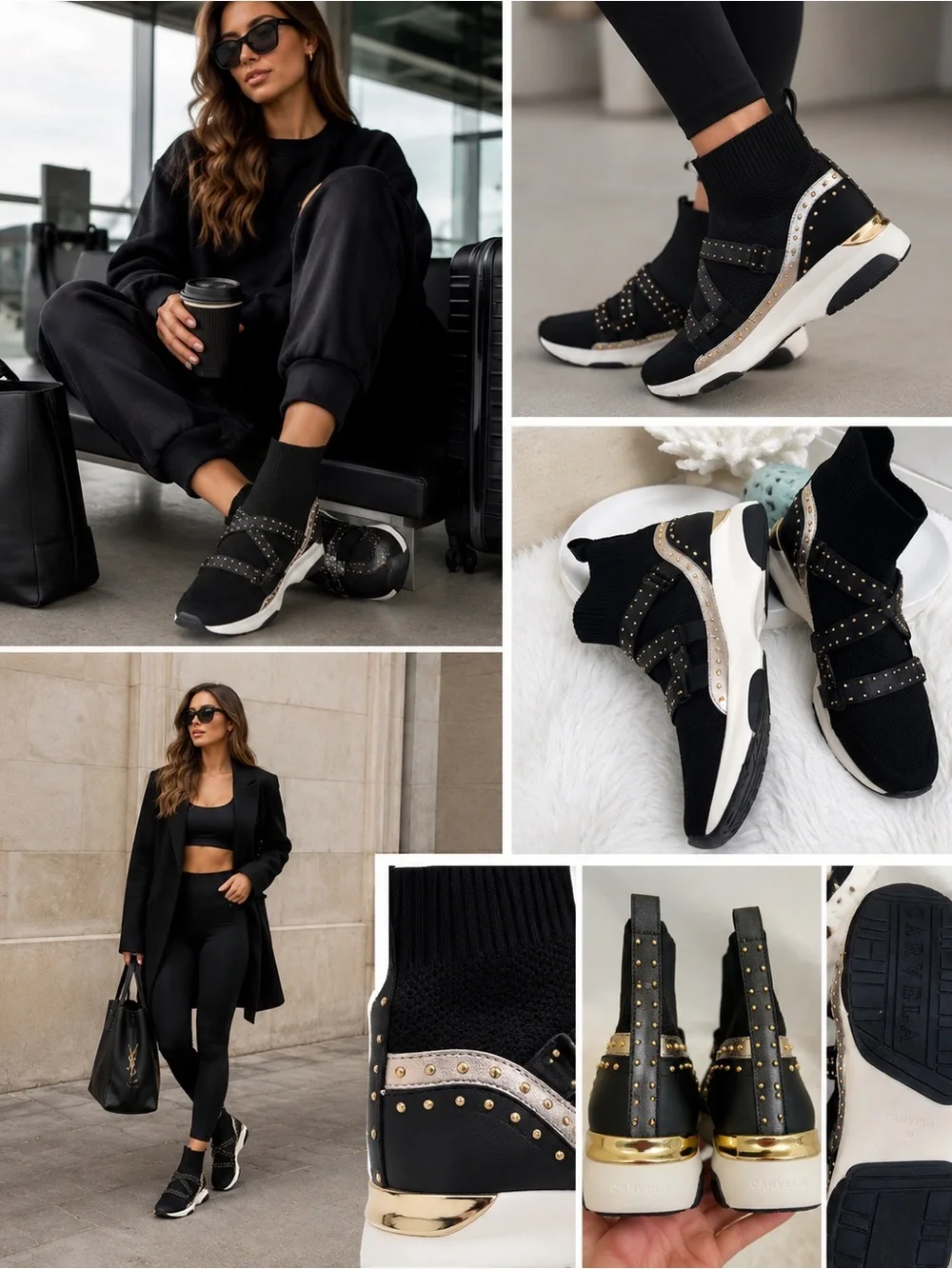 CARVELA Black Kurt Geiger Listen High Top Sock Trainers Studded Buckle Strap 8